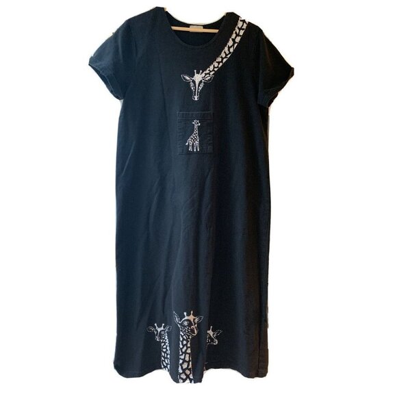 Cite Vintage Black Cotton Maxi Short Sleeve Pocket Giraffe Dress Size XL - Picture 1 of 10